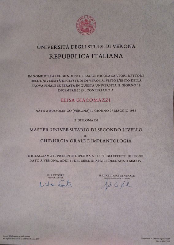 Diploma master universitario secondo livello chirurgia orale e implantologia Verona